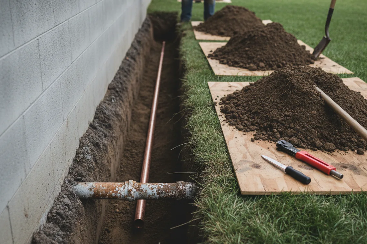 Excavated water line trench during Water Heater Repair in Mulliken